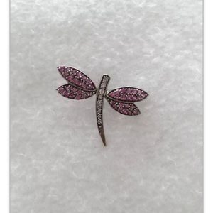 vintage 14k White Gold Dragonfly Pin 9 faceted diamonds & Pink Tourmaline Wings